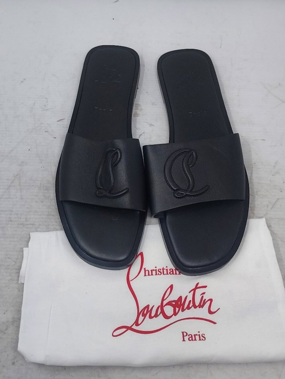 Christian Louboutin Black Flat CL Logo Mule Slide Sandal